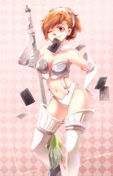 Rule 34 | 1girl, armor, atlus, bikini armor, brown eyes, brown hair, card, card in mouth, checkered background, el (mushboom), floating card, high-cut armor (persona), mouth hold, one eye closed, persona, persona 3, persona 3 portable, pink background, polearm, shiomi kotone, smile, solo, spear, thighhighs, weapon, wink