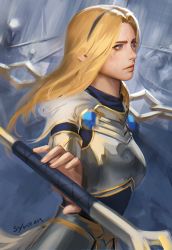 Rule 34 | 1girl, armor, blonde hair, blue eyes, breastplate, chain, gold trim, hairband, highres, league of legends, long hair, lux (league of legends), realistic, solo, sylee1, tagme, wand