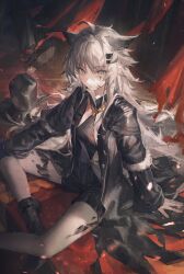 1girl animal_ears arknights black_coat black_shirt black_shorts closed_mouth coat expressionless facial_scar foot_out_of_frame grey_eyes grey_hair highres lappland_(arknights) lappland_(refined_horrormare)_(arknights) light_particles long_hair long_sleeves looking_at_viewer material_growth mr.lime official_alternate_costume open_clothes open_coat oripathy_lesion_(arknights) scar scar_across_eye scar_on_cheek scar_on_face shirt shorts sitting solo wolf_ears wolf_girl