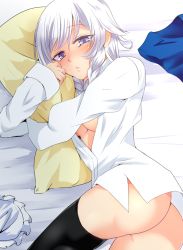 Rule 34 | 1girl, absurdres, ass, bad id, bad pixiv id, black thighhighs, breasts, commentary request, dress shirt, eyelashes, fujimori tonkatsu, grey eyes, half-closed eyes, highres, indoors, izayoi sakuya, long sleeves, looking at viewer, naked shirt, hugging object, on bed, open clothes, open shirt, parted lips, pillow, pillow hug, raised eyebrows, shirt, sleeves past wrists, solo, thighhighs, touhou, twisted torso, waking up, white hair, white shirt