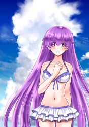 Rule 34 | 1girl, 74, absurdly long hair, alternate costume, bare shoulders, bikini, blush, breasts, cleavage, cloud, cloudy sky, collarbone, commission, day, fire emblem, fire emblem: the binding blade, frilled bikini, frilled swimsuit, frills, front-tie top, grin, highres, long hair, looking at viewer, medium breasts, navel, nintendo, pixiv commission, purple eyes, purple hair, sky, smile, solo, sophia (fire emblem), swimsuit, very long hair, white bikini