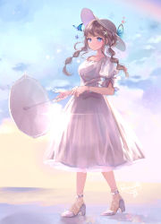 Rule 34 | 1girl, backlighting, blue eyes, blue sky, bracelet, breasts, brown hair, bug, butterfly, butterfly on head, cloud, commentary request, day, dress, expressionless, full body, gradient sky, hair ornament, hat, high heels, highres, holding, holding umbrella, insect, jewelry, lace, lace legwear, looking at viewer, low twintails, medium breasts, original, outdoors, petticoat, puffy short sleeves, puffy sleeves, puracotte, purple dress, purple footwear, purple hat, short hair, short sleeves, signature, sky, solo, standing, star (symbol), star hair ornament, sun, sun hat, twintails, umbrella, yellow sky