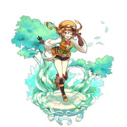 Rule 34 | 1girl, aviator cap, boots, brown hair, dragalia lost, fang, francesca (dragalia lost), full body, hat, leaf, looking at viewer, nintendo, non-web source, official art, one eye closed, open mouth, red eyes, saitou naoki, short hair, solo, transparent background, tree