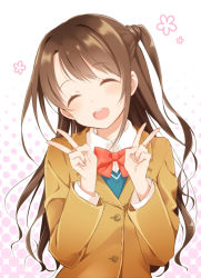 Rule 34 | 10s, 1girl, ^ ^, bow, bowtie, brown hair, brown jacket, closed eyes, double v, head tilt, idolmaster, idolmaster cinderella girls, jacket, long hair, mijinkouka, one side up, open mouth, red bow, red bowtie, shimamura uzuki, shirt, smile, solo, standing, upper body, v, very long hair, white background, white shirt