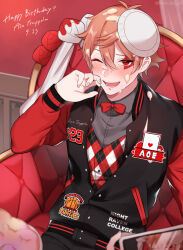 Rule 34 | 1boy, ace trappola, bow, bowtie, cake, cellphone, cream, cream on face, facial mark, food, food on face, grey shirt, heart, heart facial mark, highres, jacket, long sleeves, male focus, meshi kue yo, one eye closed, open mouth, orange hair, phone, red bow, red bowtie, red eyes, shirt, short hair, sitting, smartphone, solo, twisted wonderland, vest