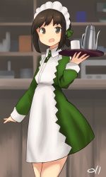 Rule 34 | 1girl, absurdres, alternate costume, apron, artist logo, bar (place), black hair, blurry, brown eyes, coffee cup, cosplay, cowboy shot, cup, depth of field, disposable cup, dress, enmaided, frilled apron, frills, fubuki (kancolle), green dress, highres, kantai collection, low ponytail, ma rukan, maid, maid headdress, open mouth, pitcher (container), ponytail, shin&#039;you (kancolle), shin&#039;you (kancolle) (cosplay), short ponytail, sidelocks, smile, solo, waitress, white apron