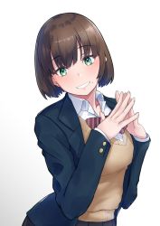 Rule 34 | 1girl, absurdres, akitoh-shino, blazer, blush, bob cut, bow, bowtie, brown hair, brown sweater vest, commentary, dress shirt, fingers together, glasses, green eyes, head tilt, highres, jacket, long sleeves, mole, mole under mouth, open clothes, open jacket, original, raised eyebrows, red bow, red bowtie, school uniform, shirt, short hair, simple background, smile, solo, steepled fingers, striped bow, striped bowtie, striped clothes, striped neckwear, sweater, sweater vest, upper body, v-neck, white background, white shirt