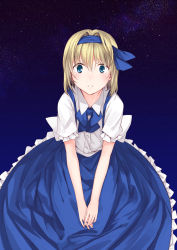 Rule 34 | 1girl, alice margatroid, alice margatroid (pc-98), blonde hair, blue eyes, blush, hair ribbon, hairband, highres, pino (birthdayparty), ribbon, short hair, short sleeves, skirt, sky, solo, star (sky), star (symbol), starry background, starry sky, suspenders, touhou, touhou (pc-98)
