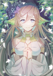 Rule 34 | 1girl, absurdres, azitsukeniku, blue eyes, brown hair, falling petals, flower, hair flower, hair ornament, highres, ionasal kkll preciel, leaf, long hair, looking at viewer, own hands clasped, own hands together, petals, portrait, smile, solo, surge concerto, upper body