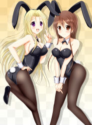 Rule 34 | 00s, 2girls, animal ears, ass, bad id, bad pixiv id, bare shoulders, blonde hair, bow, bowtie, breasts, brown eyes, brown hair, checkered background, cleavage, coquelicot (sakura taisen), detached collar, fake animal ears, female focus, highres, iris chateaubriand, large breasts, long hair, looking at viewer, multiple girls, aged up, pantyhose, playboy bunny, purple eyes, rabbit ears, rabbit tail, sakura taisen, sakura taisen ii, sakura taisen iii, tachihaya hiro, tail, wrist cuffs