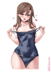 Rule 34 | 1girl, arashio (kancolle), areola slip, blue one-piece swimsuit, blush, breasts, brown eyes, brown hair, commentary, covered navel, cowboy shot, ebifurya, heart, highres, kantai collection, long hair, looking at viewer, old school swimsuit, one-piece swimsuit, school swimsuit, simple background, smile, solo, swimsuit, twitter username, white background, wide hips