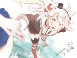 Rule 34 | 10s, 2girls, amatsukaze (kancolle), baffu, bent over, blush, breasts, brown eyes, cleavage, cowboy shot, downblouse, dress, gloves, gradient background, hair tubes, highres, holding hands, kantai collection, leaning forward, long hair, long sleeves, looking at viewer, microskirt, multiple girls, open mouth, out of frame, outstretched arms, pleated skirt, sailor dress, shimakaze (kancolle), short dress, silver hair, single glove, skirt, small breasts, solo focus, splashing, standing, standing on one leg, striped clothes, striped legwear, striped thighhighs, thighhighs, tripping, twitter username, two side up, white gloves