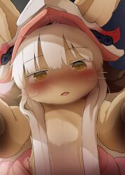 Rule 34 | 1other, blush, body fur, brown eyes, dagashi (daga2626), furry, hat, highres, imminent kiss, long hair, looking at viewer, made in abyss, nanachi (made in abyss), open mouth, pov, solo, sweat, white hair