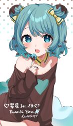Rule 34 | bare shoulders, blue eyes, blue hair, blue nails, bow, breasts, brown bow, brown shirt, candy, commission, copyright request, double bun, fingernails, food, hair bow, hair bun, heart, highres, holding, inuyama nanami, lollipop, long sleeves, looking at viewer, medium hair, naked shirt, off-shoulder shirt, off shoulder, shirt, simple background, skeb commission, small breasts, smile, white background, yellow bow
