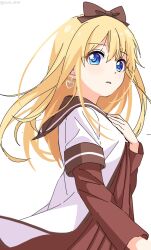 Rule 34 | 1girl, blonde hair, blue eyes, bow, brown bow, brown sailor collar, commentary, dress, earrings, hair bow, hand on own chest, heart, heart earrings, highres, jewelry, layered sleeves, long hair, long sleeves, looking at viewer, nanamori school uniform, nnn yryr, open mouth, red dress, sailor collar, sailor dress, school uniform, shirt, short over long sleeves, short sleeves, simple background, solo, symbol-only commentary, toshinou kyouko, twitter username, white background, white shirt, yuru yuri