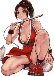 Rule 34 | 1girl, absurdres, bare shoulders, beniazumaru, blush, breasts, brown eyes, brown hair, collarbone, commentary request, fatal fury, fingernails, folded fan, folding fan, hand fan, highres, holding, japanese clothes, kneeling, large breasts, lips, long hair, ninja, no bra, panties, parted bangs, parted lips, pelvic curtain, ponytail, red panties, revealing clothes, rope, shiny skin, shiranui mai, simple background, sleeveless, socks, solo, the king of fighters, thighs, underwear, white background