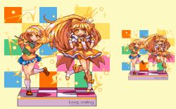 Rule 34 | 10s, 2girls, :d, arms up, bike shorts, blonde hair, blue skirt, blush, book, bow, bowtie, collared shirt, cure peace, double v, full body, hair flaps, hairband, holding, holding book, holding pencil, kise yayoi, kneehighs, loafers, long hair, long sleeves, looking at viewer, magical girl, migel futoshi, multiple girls, open mouth, pencil, pleated skirt, precure, school uniform, shadow, shirt, shoes, short sleeves, shorts, shorts under skirt, skirt, smile, smile precure!, socks, standing, standing on one leg, v, white hairband, white legwear, white shirt, yellow background, yellow bow, yellow bowtie, yellow eyes, yellow footwear, yellow shorts, yellow skirt