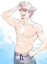 Rule 34 | 1boy, abs, black male swimwear, black swim trunks, collarbone, commentary request, cowboy shot, danganronpa (series), danganronpa s: ultimate summer camp, danganronpa v3: killing harmony, drawstring, facial hair, goatee, gradient background, hand in own hair, hand on own hip, highres, looking at viewer, male focus, male swimwear, momota kaito, mu (mu43960168), multicolored hair, muscular, muscular male, navel, nipples, open mouth, pink hair, print male swimwear, print swim trunks, print swimsuit, short hair, simple background, solo, space print, starry sky print, swim trunks, swimsuit, teeth, upper teeth only