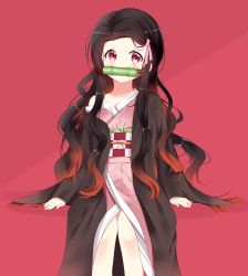 Rule 34 | 1girl, arm support, bad id, bad pixiv id, bamboo, bit gag, black hair, blush, brown hair, checkered sash, collarbone, commentary request, deyui, forehead, gag, gradient hair, hair ribbon, japanese clothes, kamado nezuko, kimetsu no yaiba, kimono, long hair, long sleeves, looking at viewer, mouth hold, multicolored hair, obi, off shoulder, open clothes, parted bangs, pink background, pink kimono, pink ribbon, red background, red eyes, ribbon, sash, shadow, sitting, sleeves past wrists, solo, two-tone hair, very long hair, wide sleeves