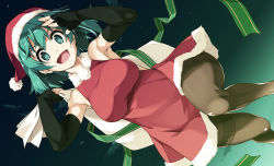 Rule 34 | 1girl, bare shoulders, black pantyhose, breasts, dress, elbow gloves, gloves, green eyes, green hair, hat, highres, large breasts, looking at viewer, open mouth, original, pantyhose, santa costume, santa hat, shikei, short hair, solo