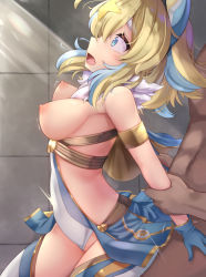 Rule 34 | 1girl, ^^^, animal ears, aqua eyes, aqua hair, arm grab, armband, armlet, blonde hair, blue gloves, breasts, clothed sex, commentary request, ferule, from side, fur collar, gloves, grabbing, grabbing from behind, hair ornament, highleg, large breasts, medium hair, multicolored hair, paid reward available, perky breasts, puzzle &amp; dragons, sex, sex from behind, sideways mouth, solo focus, star (symbol), star hair ornament, streaked hair, sunlight, tearing up, thick eyebrows, tongue, trembling, twin-7646, two-tone hair