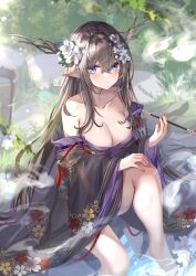 Rule 34 | 1girl, antlers, artist name, blue eyes, breasts, brown hair, bucket, chinese knot, cleavage, closed mouth, collarbone, floral print, flower, grass, hair between eyes, hair flower, hair ornament, highres, holding, holding smoking pipe, horns, japanese clothes, kimono, large breasts, long hair, off shoulder, original, pointy ears, purple kimono, sakurai momoka no musuko, smoking pipe, solo, water, white flower, wooden bucket