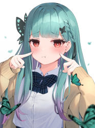 Rule 34 | 1girl, beige jacket, blush, bow, bowtie, braid, bug, butterfly, butterfly hair ornament, collared shirt, fingers to cheeks, green hair, hair ornament, hands up, highres, hololive, insect, jacket, long hair, looking at viewer, magaqq123, multicolored hair, official alternate costume, open clothes, open jacket, pout, purple hair, red eyes, shirt, single braid, uruha rushia, uruha rushia (school uniform), virtual youtuber, white shirt