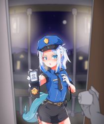 Rule 34 | 1girl, blue eyes, blue hair, blush, door, doorway, fins, fish tail, gawr gura, gloves, hat, highres, hololive, hololive english, moral cacoethes, multicolored hair, night, night sky, pencil skirt, police, police badge, police hat, police uniform, policewoman, pov doorway, shark tail, skirt, sky, streaked hair, tail, teeth, uniform, virtual youtuber, white hair