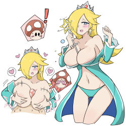 Rule 34 | 1boy, 1girl, absurdres, adapted costume, bare shoulders, between breasts, blonde hair, blue dress, blue eyes, blue panties, blush, breasts, cleavage, collarbone, cowboy shot, crown, dress, earrings, hair over one eye, heart, heart-shaped pupils, hetero, highres, jewelry, large breasts, long hair, long sleeves, looking at viewer, mario (series), multiple views, navel, nintendo, open mouth, paizuri, panties, rosalina, simple background, smile, spoken heart, star (symbol), star earrings, super mario galaxy, symbol-shaped pupils, thigh gap, toad (mario), underwear, upper body, wand, white-stew, white background