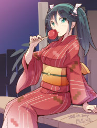 Rule 34 | 10s, 1girl, :p, aqua eyes, arm support, black hair, candy apple, e20, eating, food, hair ribbon, isuzu (kancolle), japanese clothes, kantai collection, kimono, looking at viewer, red kimono, ribbon, sandals, sitting, solo, tongue, tongue out, twintails, yukata