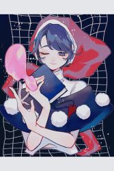 Rule 34 | 1girl, ;), absurdres, blob, blue eyes, blue hair, book, capelet, cropped torso, dark blue hair, doremy sweet, eyebrows hidden by hair, hat, highres, holding, holding book, katai (nekoneko0720), light blush, looking at viewer, nightcap, one eye closed, pom pom (clothes), short hair, smile, solo, touhou, upper body