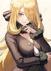 Rule 34 | 1girl, black coat, blonde hair, breasts, cleavage, coat, commentary request, creatures (company), cynthia (pokemon), eyes visible through hair, fagi (kakikaki), fur-trimmed sleeves, fur collar, fur trim, game freak, hair ornament, hair over one eye, hand up, long hair, medium breasts, nintendo, parted lips, pokemon, pokemon dppt, revision, solo, upper body, very long hair