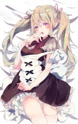 Rule 34 | 1girl, :o, apron, bed sheet, black dress, blonde hair, blush, bou shaku, bow, bowtie, breasts, cowboy shot, dress, eyebrows, eyelashes, finger to mouth, frilled dress, frills, gluteal fold, hair between eyes, hair ornament, hair ribbon, heart, heart-shaped pupils, highres, lace, lace-trimmed panties, lace trim, long hair, looking at viewer, lying, medium breasts, nail polish, naughty face, off shoulder, on bed, original, panties, pantyshot, pink nails, purple eyes, red bow, red bowtie, ribbon, short dress, short sleeves, solo, symbol-shaped pupils, thigh gap, thighhighs, twintails, underwear, white apron, white panties, white thighhighs, x hair ornament