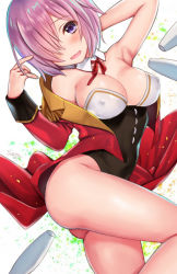 Rule 34 | 1girl, :d, arm behind head, arm up, armpits, ass, bare legs, black leotard, breasts, cleavage, coat, covered erect nipples, covered navel, cowboy shot, dated, detached collar, epaulettes, fate/grand order, fate (series), from side, hair over one eye, juggling club, large breasts, leg up, leotard, long sleeves, looking at viewer, looking to the side, mash kyrielight, mash kyrielight (welcome to the travelling circus!), official alternate costume, open clothes, open coat, open mouth, pink hair, purple eyes, red coat, red ribbon, ribbon, seiru (prairie), short hair, signature, smile, solo, standing, standing on one leg, strapless, strapless leotard, thighs, twisted torso, welcome to the travelling circus!