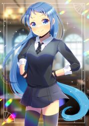 Rule 34 | &gt;:), 1girl, black gloves, black skirt, black sweater, black thighhighs, blue eyes, blue hair, blurry, blurry background, blush, checkered necktie, closed mouth, collared shirt, commentary request, commission, cosplay, depth of field, floating hair, gloves, kantai collection, kou hiyoyo, long hair, looking at viewer, necktie, pleated skirt, samidare (kancolle), shirt, skeb commission, skirt, smile, solo, standing, sweater, tenryuu (kancolle), tenryuu (kancolle) (cosplay), thighhighs, v-shaped eyebrows, very long hair, white shirt, window