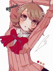Rule 34 | 1girl, arms up, black skirt, blush, bow, bowtie, breasts, brown eyes, brown hair, cardigan, choker, collared shirt, commentary, detached wings, gekkoukan high school uniform, han (hn-khk), highres, long sleeves, looking at viewer, loose bowtie, medium hair, outstretched arm, parted lips, persona, persona 3, pink cardigan, red bow, red bowtie, ribbed cardigan, school uniform, shirt, single wing, skirt, solo, sparkle, swept bangs, takeba yukari, twitter username, upper body, white choker, white shirt, wings