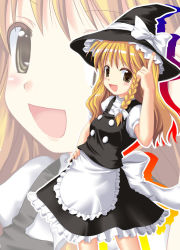 Rule 34 | 1girl, apron, black dress, blonde hair, bow, braid, buttons, cropped legs, dress, frilled dress, frills, gold hair, graphite (medium), hair bow, hair ornament, hand on own hip, hat, hat bow, kinagi yuu, kirisame marisa, looking at viewer, multicolored clothes, multicolored dress, multicolored hair, multiple views, open mouth, pointing, pointing up, short sleeves, touhou, traditional media, two-tone hair, waist apron, white apron, white bow, witch hat, yellow eyes