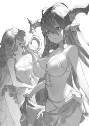 Rule 34 | 10s, 2girls, anna (granblue fantasy), artist request, bikini, breasts, casual one-piece swimsuit, cleavage, danua, draph, frilled swimsuit, frills, front-tie bikini top, front-tie top, granblue fantasy, greyscale, hair between eyes, hair over one eye, highres, horn ornament, horns, large breasts, long hair, monochrome, multiple girls, navel, official art, one-piece swimsuit, parted lips, pointy ears, sarong, scan, swimsuit, very long hair