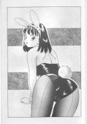 Rule 34 | 1girl, animal ears, ass, bent over, black hair, blush, breasts, fake animal ears, female focus, from behind, hayashibara hikari, leotard, looking at viewer, looking back, medium breasts, monochrome, open mouth, pantyhose, playboy bunny, rabbit ears, rabbit tail, short hair, smile, solo, standing, tail, wristband