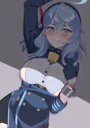 Rule 34 | 1girl, absurdres, ako (blue archive), bell, black hairband, black skirt, blue archive, blue eyes, blue gloves, blue hair, blue halo, blue jacket, blush, breasts, buttons, closed mouth, cowboy shot, gloves, hair between eyes, hairband, half gloves, halo, highres, jacket, large breasts, long hair, long sleeves, looking at viewer, melow menow, neck bell, pencil skirt, shirt, sidelocks, skirt, solo, white shirt