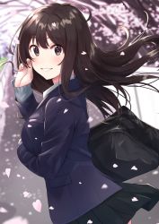 Rule 34 | 1girl, bad id, bad pixiv id, bag, black skirt, blazer, blue jacket, blurry, blurry background, blush, breasts, brown eyes, brown hair, cherry blossoms, commentary request, day, depth of field, fingernails, floating hair, flower, grey sweater, hair between eyes, hand up, highres, jacket, long hair, long sleeves, looking at viewer, looking to the side, medium breasts, original, outdoors, petals, pink flower, pleated skirt, road, school bag, skirt, sleeves past wrists, solo, street, sweater, tree, tsukiman