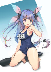 Rule 34 | 1girl, :3, blue hair, blue one-piece swimsuit, breasts, fang, flower-shaped pupils, hair ribbon, highres, i-19 (kancolle), kantai collection, large breasts, long hair, looking at viewer, name tag, one-piece swimsuit, open mouth, red eyes, ribbon, school swimsuit, skin fang, solo, star-shaped pupils, star (symbol), swimsuit, symbol-shaped pupils, torpedo, tri tails, yashin (yasinz)
