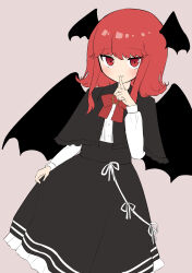 Rule 34 | 144udy, 1girl, absurdres, bat wings, black capelet, black dress, blunt bangs, blush, bow, bowtie, brooch, capelet, center frills, cowboy shot, dress, finger to mouth, foul detective satori, frills, grey background, hand up, head wings, highres, jewelry, koakuma, looking at viewer, medium hair, red bow, red bowtie, red eyes, red hair, shushing, simple background, smile, solo, touhou, wings