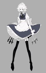 Rule 34 | 1girl, :/, ahoge, apron, ascot, back bow, black ascot, black thighhighs, blue dress, blue eyes, bow, braid, closed mouth, collared shirt, commentary, dress, full body, garter straps, green bow, grey background, hair between eyes, hair bow, highres, holding, holding knife, izayoi sakuya, knife, looking away, maid, maid apron, maid headdress, medium hair, puffy short sleeves, puffy sleeves, shirt, short sleeves, sideways glance, simple background, solo, standing, symbol-only commentary, thighhighs, touhou, twin braids, white bow, white hair, white shirt, xx asui