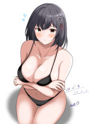 Rule 34 | 1girl, abataa, absurdres, bikini, black bikini, black hair, blush, breasts, brown eyes, collarbone, crossed arms, embarrassed, haguro (kancolle), hair ornament, highres, kantai collection, large breasts, looking at viewer, navel, short hair, signature, sitting, solo, swimsuit