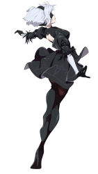 Rule 34 | 1girl, back cutout, black blindfold, black dress, black footwear, black gloves, black hairband, blindfold, boots, breasts, clothing cutout, dress, elbow gloves, feather trim, full body, gloves, hairband, high heel boots, high heels, highres, juliet sleeves, long sleeves, medium breasts, nier (series), nier:automata, outstretched arms, pantyhose, puffy sleeves, short hair, solo, thigh boots, white background, white hair, yakumo crack, 2b (nier:automata)