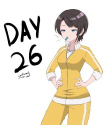 Rule 34 | 1girl, blue eyes, brown hair, hakimen, hands on own hips, highres, hololive, jacket, oozora subaru, pants, short hair, simple background, solo, swept bangs, track jacket, track pants, track suit, virtual youtuber, whistle, white background