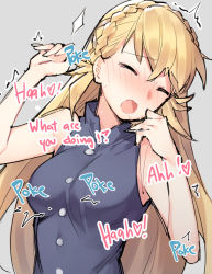 Rule 34 | 1girl, blonde hair, blue shirt, blush, braid, breasts, commentary, closed eyes, fire emblem, fire emblem heroes, french braid, gameplay mechanics, ge-b, grey background, long hair, nintendo, open mouth, sharena (fire emblem), shirt, simple background, sleeveless, sleeveless shirt, solo