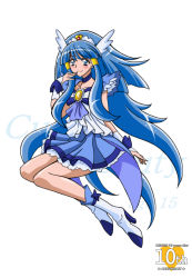 Rule 34 | 10s, 1girl, adapted costume, aged up, anniversary, aoki reika, arudebido, blue eyes, blue hair, blue skirt, boots, bow, bowtie, brooch, character name, choker, copyright name, cure beauty, frills, full body, hair tubes, head wings, jewelry, long hair, magical girl, matching hair/eyes, precure, sidelocks, sitting, skirt, smile, smile precure!, solo, tiara, white background, wings, wrist cuffs