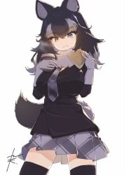 Rule 34 | 1girl, 910m27r, :3, animal ears, black hair, black jacket, black thighhighs, blue eyes, book, coffee cup, commentary request, cowboy shot, cup, disposable cup, fur collar, grey hair, grey neckwear, grey skirt, grey wolf (kemono friends), heterochromia, highres, jacket, kemono friends, long hair, long sleeves, multicolored hair, necktie, plaid, plaid necktie, plaid skirt, pleated skirt, skirt, sleeve cuffs, solo, straddling, tail, thighhighs, white fur, wolf ears, wolf girl, wolf tail, yellow eyes, zettai ryouiki
